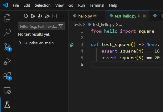 Panneau de tests de VS Code