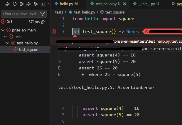 Détails d'un test dans VS Code